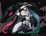  bare_shoulders black_choker black_gloves black_ribbon cbpea1 choker dark_green_hair dark_miku_(project_voltage) earrings gloves hat hat_ribbon hatsune_miku highres holding holding_umbrella jewelry long_hair long_skirt long_sleeves looking_at_viewer luxury_ball microphone_stand obstagoon poke_ball pokemon pokemon_(creature) project_voltage red_eyes ribbon ring skirt smile tongue tongue_out umbrella very_long_hair vocaloid 