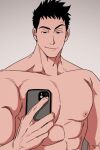  1boy abs balnom bara large_pectorals male_focus mature_male muscular muscular_male nipples nude original pectorals phone raised_eyebrow seductive_smile selfie short_hair sideburns smile solo stomach thick_eyebrows upper_body 