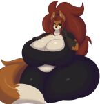 2023 5_fingers anthro big_breasts black_bottomwear black_clothing black_pants black_sclera black_topwear bottomwear breast_expansion breasts canid canine cleavage clothed clothing dewwydarts dipstick_tail expansion female fingers fluffy fluffy_tail fox fur gloves_(marking) hi_res huge_breasts huge_thighs hyper hyper_thighs kneeling looking_down maddie_(dewwydarts) mammal markings multicolored_body multicolored_fur navel orange_body orange_fur pants simple_background solo tail tail_markings thick_thighs thigh_expansion topwear two_tone_body two_tone_fur white_background white_body white_fur wide_hips yellow_eyes 