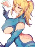  1girl alien arm_behind_head armpits ass ass_grab backless_outfit blonde_hair blue_eyes bodysuit breasts cameltoe commentary covered_navel covered_nipples cowboy_shot from_side fumio_(rsqkr) gloves high_ponytail highres hip_focus holding large_breasts lips long_hair looking_at_viewer metroid metroid_(creature) parted_lips pinky_out ponytail rei_no_himo revealing_clothes ribbon samus_aran scrunchie sidelocks simple_background skindentation solo swept_bangs turtleneck underboob very_long_hair white_background zero_suit 