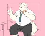  2023 anthro belly big_belly blush bottomwear canid canine canis clothing dessert domestic_dog doughnut eyes_closed food hi_res inunoshippo kemono male mammal necktie overweight overweight_male pants shirt solo topwear 