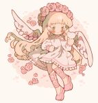  1girl angel angel_wings bare_shoulders bird bird_on_hand blonde_hair blunt_bangs blunt_ends blush blush_stickers chibi circle clenched_hand commission detached_sleeves dove dress earrings english_commentary eyelashes feathered_wings flower flower_earrings flower_hairband green_eyes hair_flower hair_ornament happy heart jewelry lace-trimmed_dress lace_trim leg_ribbon littlebluemuffin long_hair long_sleeves looking_at_animal neck_tassel open_mouth original peaceful pink_flower pink_footwear pink_ribbon pink_rose puffy_long_sleeves puffy_sleeves ribbon rose shoes short_dress smile very_long_hair white_background white_dress white_wings wings 