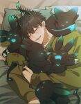  1boy bed black_hair black_horns blush claws closed_eyes commentary drooling earrings english_commentary eyelashes fangs green_sweater hair_between_eyes highres horns jewelry long_sleeves lying male_focus mouth_drool multiple_earrings nijisanji nijisanji_en object_hug on_bed on_side open_mouth pillow pointy_ears ren_zotto ring shirt short_hair sleeping sweater teeth undershirt virtual_youtuber white_shirt yoy_(0yyoyy0) 