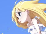  1girl bare_shoulders blonde_hair blue_eyes blue_sky blush bouen close-up dress floating_hair highres long_hair looking_to_the_side open_mouth original sky sleeveless sleeveless_dress solo white_dress wind 