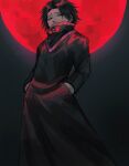  1boy black_eyes black_hair disdain feet_out_of_frame feitan_portor full_moon furrowed_brow hands_in_pockets high_collar highres hunter_x_hunter long_sleeves male_focus moon red_moon sasasa_828 short_hair solo standing 