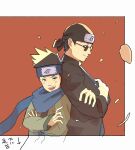  2boys back-to-back bandana black_hair blue_scarf closed_mouth crossed_arms ebisu_(naruto) ew2-em forehead_protector headband highres konohagakure_symbol looking_at_viewer male_focus multiple_boys naruto naruto_(series) ninja open_mouth sarutobi_konohamaru scarf short_hair smile spiked_hair sunglasses teeth 