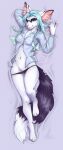  2023 anthro black_body black_fur blep blue_clothing blue_hair blue_shirt blue_topwear breasts clothed clothing digital_media_(artwork) dipstick_tail female fur grabbing_sheets green_hair hair hi_res inner_ear_fluff looking_at_viewer markings navel panties pink_nose shirt solo tail tail_markings tongue tongue_out topwear tuft underwear yshanii 