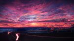  city_lights cloud cloudy_sky commentary_request horizon kaminami_yoshitaka lens_flare light_particles mountainous_horizon no_humans original outdoors pink_clouds road road_sign scenery sign sky sunset 