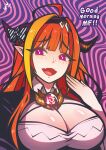  1girl absurdres ahoge bacon_strips blonde_hair breasts cleavage dragon_girl dragon_horns fang highres hololive horns kiryu_coco kiryu_coco_(1st_costume) large_breasts long_hair looking_at_viewer multicolored_hair open_mouth orange_hair purple_eyes skin_fang smile solo streaked_hair upper_body virtual_youtuber 