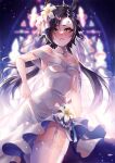  1girl air_shakur_(umamusume) animal_ears armpits backlighting bare_shoulders black_hair blurry blurry_background blush breasts bridal_veil bride closed_mouth collarbone cowboy_shot dress eyebrow_piercing flower furrowed_brow garter_straps gem hair_flower hair_ornament highres horse_ears jewelry long_hair looking_at_viewer nakamae_ayako necklace nose_blush off-shoulder_dress off_shoulder pearl_(gemstone) pearl_necklace piercing small_breasts solo stained_glass thighhighs umamusume veil very_long_hair walking wedding_dress white_dress white_thighhighs yellow_eyes zettai_ryouiki 