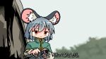  1girl animal_ears black_shirt blush capelet closed_mouth commando_(movie) dot_nose dress expressionless green_capelet grey_hair gun highres kasuya_baian long_sleeves medium_hair meme mouse_ears mouse_girl nazrin red_eyes reloading shirt touhou upper_body weapon 