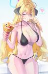  1girl absurdres ahoge akari_(blue_archive) bare_arms bare_legs bare_shoulders bikini black_bikini black_horns blonde_hair blue_archive blue_eyes breasts cleavage closed_mouth collarbone cowboy_shot crepe demon_horns food food_on_body halo heart highres horns ice_cream large_breasts long_hair navel painter_j smile solo spoken_heart swimsuit tongue tongue_out twitter_username 