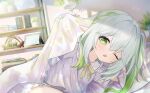  1girl bed bed_sheet bedroom bloomers genshin_impact gradient_hair green_eyes green_hair indoors long_hair lying mogumogumo_0 multicolored_hair nahida_(genshin_impact) on_side one_eye_closed open_mouth pillow pink_shirt pointy_ears shelf shirt short_sleeves side_ponytail solo two-tone_hair under_covers underwear white_bloomers white_hair 