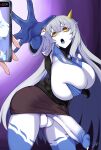  absurd_res anthro areola balls big_balls big_breasts big_penis blackmail blue_body blue_skin breasts clothed clothing covering covering_breasts erection fan_character genitals grey_hair gynomorph hair hi_res horn huge_balls huge_breasts huge_penis humanoid humanoid_genitalia humanoid_penis intersex invalid_tag long_hair monster_girl_(genre) mostly_clothed multicolored_hair penis phone sep_(36449631) smooth_balls smooth_penis smooth_skin solo solo_focus standing story_at_source two_tone_hair white_body white_skin yellow_eyes 