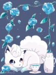  alolan_vulpix animal_focus blue_background blue_flower blue_rose commentary_request cup flower hanabusaoekaki highres leaf no_humans plate pokemon pokemon_(creature) rose simple_background solo tail teacup teapot white_fur wide_oval_eyes 