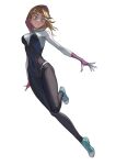  1girl blonde_hair blue_eyes blue_footwear bodysuit breasts cleavage full_body highres hood hoodie marvel max-k medium_hair simple_background solo spider-gwen spider-man:_across_the_spider-verse spider-man:_into_the_spider-verse spider-man_(series) superhero teeth white_background 