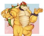  2023 anthro armband balls barazoku belly biceps big_balls big_muscles big_penis blue_background border bowser bracelet claws collar erection eyebrows foreskin genitals gradient_background hair hi_res horn huge_balls huge_muscles huge_penis humanoid_genitalia humanoid_penis jewelry koopa leelikessmut looking_at_viewer male mario_bros musclegut muscular muscular_anthro muscular_male nintendo non-mammal_balls nude pecs penis pink_background scalie shell signature simple_background smile solo spiked_armband spiked_bracelet spiked_collar spiked_shell spikes spikes_(anatomy) standing thick_penis thick_thighs vein white_border 