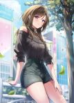  1girl amagi_shino bare_shoulders blue_eyes brown_hair city commentary eyelashes falling_leaves happy highres leaf leaning leaning_on_object light_blush long_hair looking_at_viewer original smile solo standing tree 