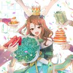  6+girls bbyack_bbyack box brown_hair cake carrot crown dated dress ear_covers fingerless_gloves flower food gift gift_box gloves green_dress happy_birthday haru_urara_(umamusume) highres holding holding_cake holding_flower holding_food holding_gift holding_shoes horse_girl kawakami_princess_(umamusume) king_halo_(umamusume) medium_hair multiple_girls open_mouth parted_bangs pudding putting_on_headwear shoes sleeveless sleeveless_dress special_week_(umamusume) umamusume upper_body wide_sleeves yellow_eyes 