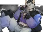  absurd_res anthro arknights belt black_hair claws clothed clothing ear_piercing eyebrow_piercing facial_piercing fingerless_gloves fully_clothed fur gloves grey_body grey_fur hair handwear headphones hi_res hyena hypergryph looking_at_viewer male mammal piercing sitting solo spot_(arknights) spotted_hyena studio_montagne swkrqgefvm4pims uniform 