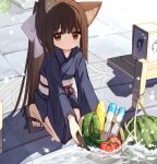  1girl animal_ear_fluff animal_ears basket black_footwear blue_kimono bow brown_eyes brown_hair closed_mouth commentary_request corn cucumber day food fruit geta hair_bow highres holding holding_basket japanese_clothes kimono long_sleeves obi original outdoors ponytail sash solo tomato water watermelon white_bow wide_sleeves yuuhagi_(amaretto-no-natsu) 