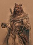  2023 absurd_res anthro armor belt biped black_body black_fur bottomwear canid canine canis claws cloak clothing fur hi_res male mammal melee_weapon monochrome s_anima sepia sepia_background solo sword topwear weapon wolf 