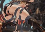  1girl absurdres ass ass_focus black_hair blonde_hair dark-skinned_female dark_skin dehya_(genshin_impact) from_behind genshin_impact hair_between_eyes hakua_(hka_art) highres huge_ass long_hair multicolored_hair shorts solo streaked_hair thick_thighs thighs torn_clothes torn_shorts 