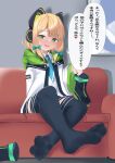  1girl absurdres black_socks blonde_hair blue_archive blush feet foot_focus green_eyes heart highres holding holding_shoes looking_at_viewer lts_kakuyo midori_(blue_archive) open_mouth school_uniform shoes shoes_removed sitting socks soles solo spoken_heart toes translation_request 