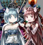  2girls :3 :d animal_ears antenna_hair arm_behind_head arm_up belt belt_buckle blue_belt blue_eyes blue_gemstone blue_hair blue_sleeves blush breasts buckle cape cat_ears cat_girl closed_mouth collarbone detached_sleeves diu9you english_commentary extra_ears fang fortissimo gem grey_background hair_ornament heart highres kemonomimi_mode light_blue_hair long_hair looking_at_viewer magical_girl mahou_shoujo_madoka_magica miki_sayaka multiple_girls musical_note musical_note_hair_ornament oktavia_von_seckendorff open_mouth ophelia_(madoka_magica) red_eyes red_gemstone red_hair sakura_kyouko short_hair simple_background small_breasts smile soul_gem sparkle white_cape white_sleeves witch_(madoka_magica) 