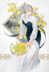  1girl bouquet braid collarbone collared_shirt dress_shirt green_eyes grey_hair hair_ribbon holding holding_bouquet jewelry long_hair long_sleeves necklace oncidium original parted_lips ribbon ring shirt single_braid solo suda_ayaka white_shirt 