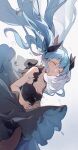  1girl absurdres air_bubble bare_shoulders black_dress black_ribbon blue_hair breasts bubble cleavage closed_eyes closed_mouth cloudyman commentary_request dress hair_ribbon hands_on_own_stomach hatsune_miku highres own_hands_together ribbon small_breasts solo twintails upper_body vocaloid 