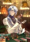  1boy alternate_costume black_gloves blue_eyes blue_hair casino casino_card_table genshin_impact glint gloves hair_between_eyes highres holding japanese_clothes kamisato_ayato lamp looking_at_viewer male_focus mole sitting smile table 