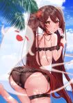  1girl absurdres ass back bikini boo_tao_(genshin_impact) brown_bikini brown_hair flower flower-shaped_pupils food genshin_impact hair_between_eyes hair_flower hair_ornament highres hu_tao_(genshin_impact) ice_cream ineka_ka long_hair looking_at_viewer open_mouth red_eyes swimsuit symbol-shaped_pupils twintails 