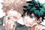  2boys alternate_hair_color bakugou_katsuki blazer boku_no_hero_academia bright_pupils brown_hair cheek_pinching chromatic_aberration collared_shirt commentary cut_(nifuhami_35) double_horizontal_stripe eye_contact eyebrows_hidden_by_hair freckles furrowed_brow green_eyes green_hair grey_background grey_jacket hair_between_eyes hand_up highres jacket lapels looking_at_another looking_to_the_side male_focus midoriya_izuku multiple_boys pinching portrait red_eyes sanpaku scar scar_on_hand school_uniform scowl shirt short_hair side-by-side simple_background spiked_hair tears tongue tongue_out u.a._school_uniform white_pupils white_shirt 