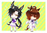  2girls agnes_tachyon_(umamusume) air_shakur_(umamusume) animal_ears black_hair brown_hair chibi chigyo clenched_teeth closed_mouth eyebrow_piercing full_body hands_on_own_hips horse_ears horse_girl horse_tail lab_coat long_hair looking_at_viewer multiple_girls musical_note notice_lines parted_bangs piercing pleated_skirt purple_shirt red_eyes school_uniform sharp_teeth shirt skirt sleeves_past_fingers sleeves_past_wrists smile standing tail teeth test_tube thighhighs tracen_school_uniform twitter_username umamusume v-shaped_eyebrows white_skirt white_thighhighs yellow_eyes 