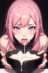  absurdres bowl crying cum cum_in_bowl cum_in_container cum_in_mouth cum_on_tongue forced forced_drinking gokkun highres non-web_source pink_hair purple_eyes recipe tongue tongue_out 