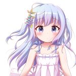  1girl bare_arms bare_shoulders blue_eyes blue_hair blueberry_hair_ornament blush closed_mouth collarbone dress food-themed_hair_ornament gochuumon_wa_usagi_desu_ka? goth_risuto hair_ornament kafuu_chino long_hair looking_at_viewer revision ribbon-trimmed_dress simple_background sleeveless sleeveless_dress solo two_side_up very_long_hair white_background white_dress 