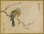  19th_century ambiguous_gender ancient_art avian beak bird black_body black_feathers blue_body blue_feathers branch brown_body brown_feathers columbid dove feathered_wings feathers feet green_body green_feathers hi_res isen&#039;in_hoin_eishin japanese_text multicolored_body multicolored_feathers on_branch painting_(artwork) peach_blossom signature simple_background solo tail_feathers talons tan_background text toes traditional_media_(artwork) white_body white_feathers wings 