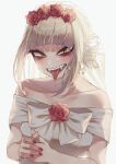  1girl bags_under_eyes blonde_hair blunt_bangs boku_no_hero_academia chibi_228 dress fangs flower hair_bun head_wreath highres looking_at_viewer messy_hair nail_polish narrowed_eyes red_nails rose sidelocks slit_pupils solo toga_himiko tongue tongue_out wedding_dress white_dress yellow_eyes 