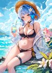  1girl absurdres bare_shoulders bikini black_bikini black_choker blue_eyes blue_hair blue_jacket blue_sky chen_ying_(alan-yut) choker cloud commentary_request cup day drinking_glass drinking_straw feet_out_of_frame flower front-tie_bikini_top front-tie_top genshin_impact hair_flower hair_ornament hat highres holding holding_cup jacket kamisato_ayaka long_sleeves looking_at_viewer navel off_shoulder open_clothes open_jacket outdoors pink_flower short_hair sitting sky smile soaking_feet solo stomach swimsuit thigh_strap thighs white_flower 