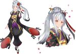  1girl black_kimono blunt_bangs dragalia_lost floral_print full_body grey_hair hair_bun highres japanese_clothes kimono long_hair long_sleeves looking_at_viewer multiple_views orcinus666 petals ponytail red_eyes sazanka_(dragalia_lost) sidelocks smile socks solo white_background wide_sleeves 