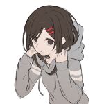  1girl adjusting_clothes adjusting_hood alternate_costume b_(bgoldmole) brown_eyes brown_hair closed_mouth commentary drawstring empty_eyes enpera grey_hoodie hair_ornament hair_over_one_eye hairclip highres hood hood_down hoodie kagerou_project long_hair looking_at_viewer no_scarf parted_bangs sideways_glance simple_background smile solo striped striped_hoodie tateyama_ayano two-tone_hoodie upper_body white_background white_stripes 