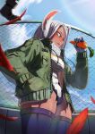 1girl :q absurdres animal_ears boku_no_hero_academia bomber_jacket breasts carrot chain-link_fence cloud covered_abs covered_navel crescent_print dark-skinned_female dark_skin feathers fence fur_collar gloves green_jacket hand_in_pocket highleg highleg_leotard highres holding holding_carrot jacket large_breasts leotard long_eyelashes long_hair looking_at_food mirko muscular muscular_female nb2kyfv8vhie06g out_of_frame parted_bangs purple_thighhighs rabbit_ears rabbit_girl red_eyes red_feathers sky solo taut_leotard thighhighs thighs tongue tongue_out white_gloves white_hair white_leotard 