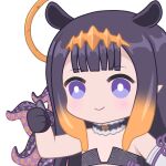  1girl aprob_(meme) black_choker black_dress black_gloves bright_pupils chibi choker dress flower_knot fur-trimmed_choker gloves gradient_hair hair_flaps halo headpiece hololive hololive_english long_hair meme multicolored_hair ninomae_ina&#039;nis ninomae_ina&#039;nis_(1st_costume) open_mouth orange_hair pointy_ears purple_eyes purple_hair solo strapless strapless_dress tentacle_hair tentacles thumbs_up tube_dress upper_body virtual_youtuber white_pupils zephylyne 