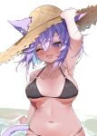  1girl ;d absurdres animal_ear_fluff animal_ears arm_up armpits bikini black_bikini blush breasts breasts_apart brown_headwear cat_ears cat_girl cat_tail collarbone ears_through_headwear fang hand_on_headwear hat highres hololive large_breasts looking_at_viewer navel nekomata_okayu one_eye_closed open_mouth purple_eyes purple_hair reine_(reineko6) short_hair simple_background sitting smile solo straw_hat swimsuit tail virtual_youtuber white_background 