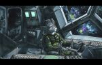  2023 anthro biped canid canine canis chair detailed_background duo ewgengster_(artist) flight_suit fur furniture grey_body grey_fur hi_res male mammal monitor on_chair pilot red_eyes shadowy_figure sitting sitting_on_chair space spacecraft star traditional_media_(artwork) vehicle window wolf 