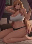  1girl bare_shoulders bead_bracelet beads bed black_panties blonde_hair blush bracelet breasts camisole choker cleavage collarbone ear_piercing earrings grin highres jewelry kitagawa_marin large_breasts long_hair looking_at_viewer navel on_bed panties piercing pillow red_eyes sitting smile solo sono_bisque_doll_wa_koi_wo_suru thighs underwear wariza white_camisole zaphn 