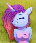  2023 afro alternate_hairstyle blue_body blue_fur bracelet digital_media_(artwork) equid equine eyebrows eyelashes eyes_closed female feral fetlocks freckles fur grass hasbro hi_res hooves horn horn_markings jewelry leg_tuft luminousdazzle lying mammal markings misty_(g5) mlp_g5 my_little_pony on_back plant signature solo tuft unicorn unicorn_horn 