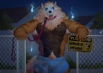  9klipse abs anthro arcanine arm_tuft armpit_hair beware_of_dog black_body black_fur black_nipples black_sclera blue_bottomwear blue_clothing blue_eyes blue_fire blue_shorts bodily_fluids body_hair bottomwear building canid canine claws clothing collar colored_fire ear_piercing ear_ring elbow_tuft fence finger_claws fire fur gate generation_1_pokemon glowing glowing_eyes hi_res house leash leashed_collar looking_at_viewer male mammal mask muscular muscular_anthro muscular_male navel neck_tuft neighborhood night nintendo nipples obliques open_mouth orange_body orange_fur pecs piercing plant pokemon pokemon_(species) power_lines pubes ring_piercing saliva shorts shorts_only shrub sign skull_mask solo striped_body striped_fur stripes sweat tongue tongue_out tree tuft 