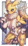  absurd_res anthro bandai_namco blue_eyes blush breasts canid canine claws digimon digimon_(species) female finger_claws fur hi_res iepelppa looking_at_viewer mammal mostly_nude multicolored_ears nipples renamon solo toe_claws yellow_body yellow_fur 